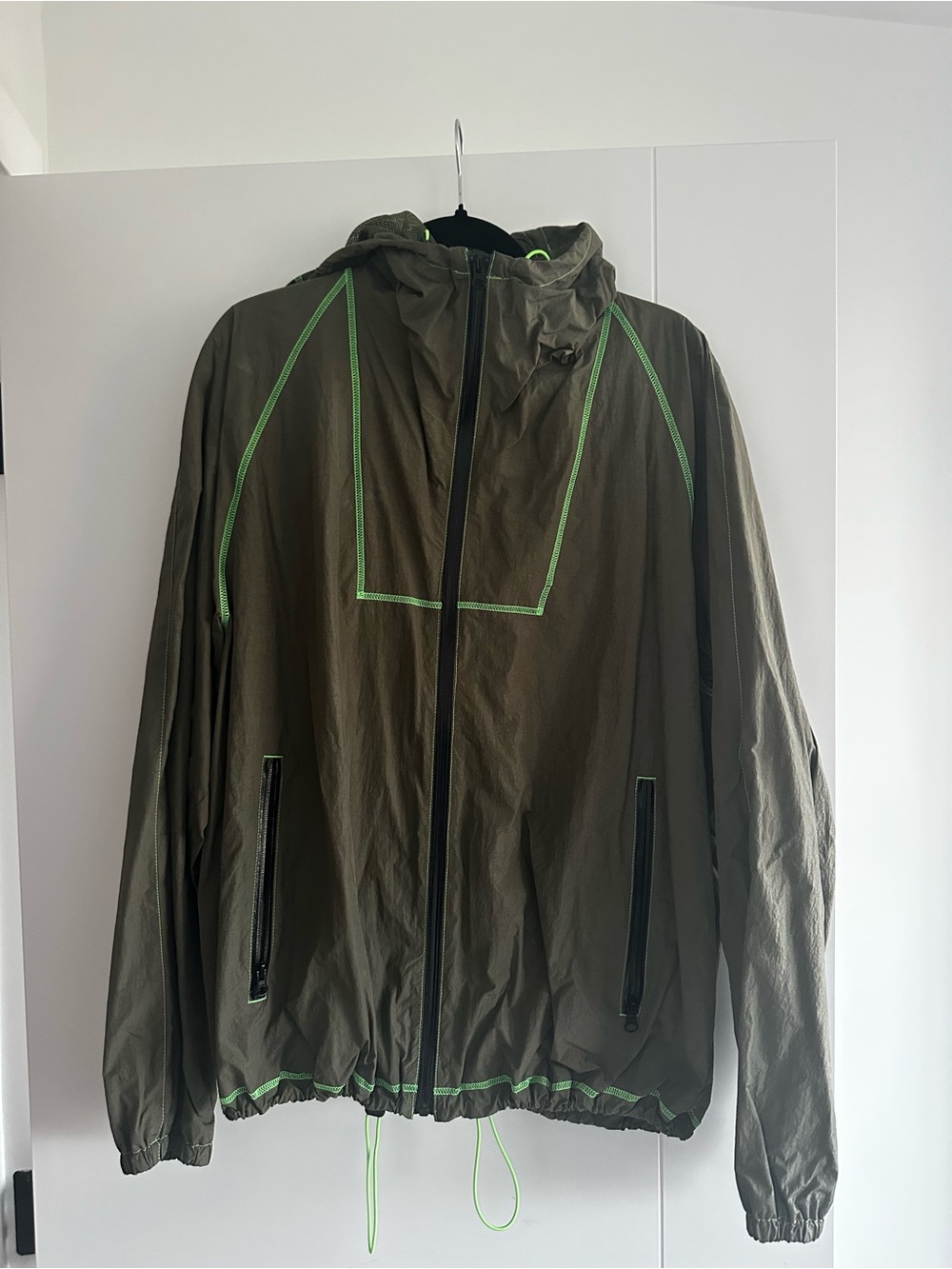 John Elliott Olive Green Hooded Windbreaker with Neon Green Trim